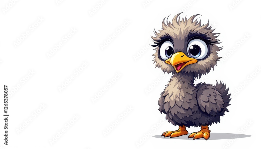 Cartoon Baby Ostrich Character Standing on White Background with Big Eyes for Graphic Resource and Text Overlay Purpose Purpose Cartoon Baby Ostrich Character Standing on White Background with Big Eyes for Graphic Resource and Text Overlay Purpose Purpose