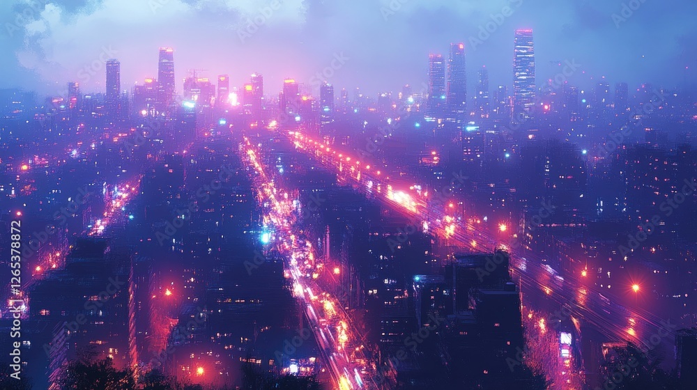 Naklejka premium Night city glowing vibrant pink purple lights