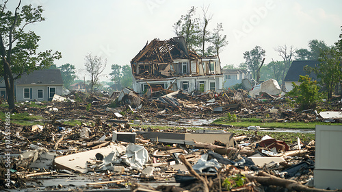 A category 5 hurricane destroying buildings and uprooting trees as it moves inland photo