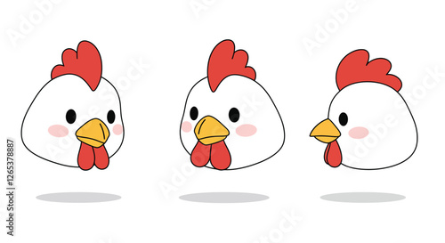 Cute chicken character design in flat style showcasing three angles vector illustration