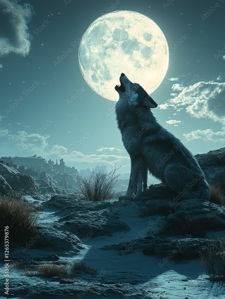 Lone wolf howls at bright moon, serene night scene. Lone wolf howls at bright moon, serene night scene.