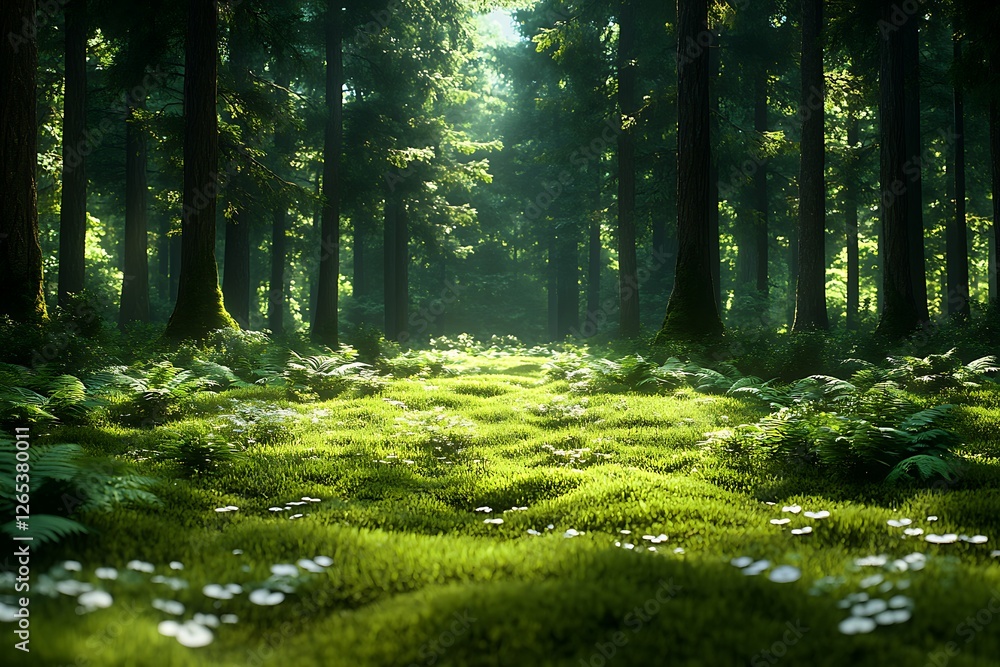 Obraz premium Lush green forest with sunlight filtering through trees, creating a serene, peaceful atmosphere
