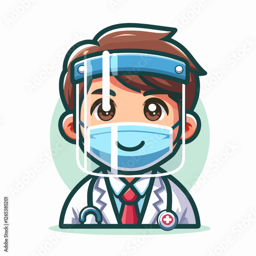  Cartoon doctor wearing a face shield and mask