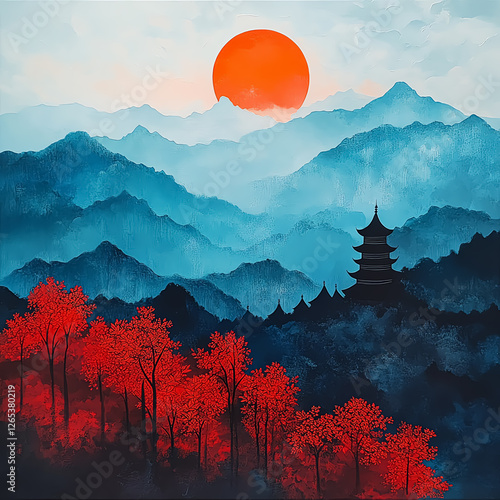 Serene landscapes with mountains and a vibrant sunset scenery. photo