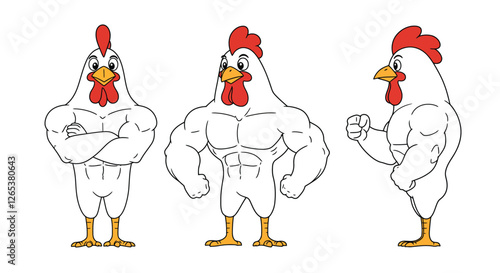 Muscular chicken character transformation in flat design vector art