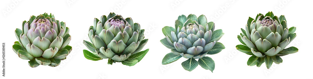 Fototapeta premium Fresh artichokes with intricate leaves, showcasing vibrant colors and textures, isolated on transparency background