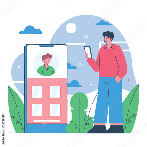 A colorful illustration depicting a diverse group of people engaged in digital communication through a smartphone. The design is vibrant and modern.