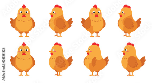 Cute cartoon chickens in various poses in flat vector illustration