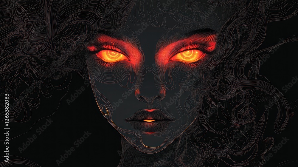 Fototapeta premium Fiery Woman's Face in Dark Smoky Hair