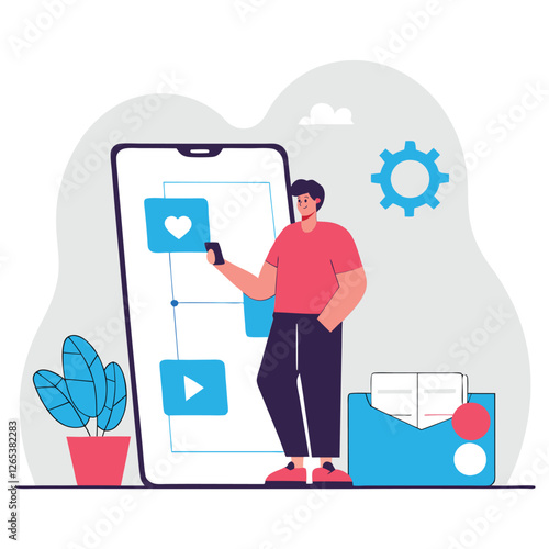 A digital interaction concept showing a man of mixed ethnicity with various media icons on a smartphone interface, symbolizing communication and technology.