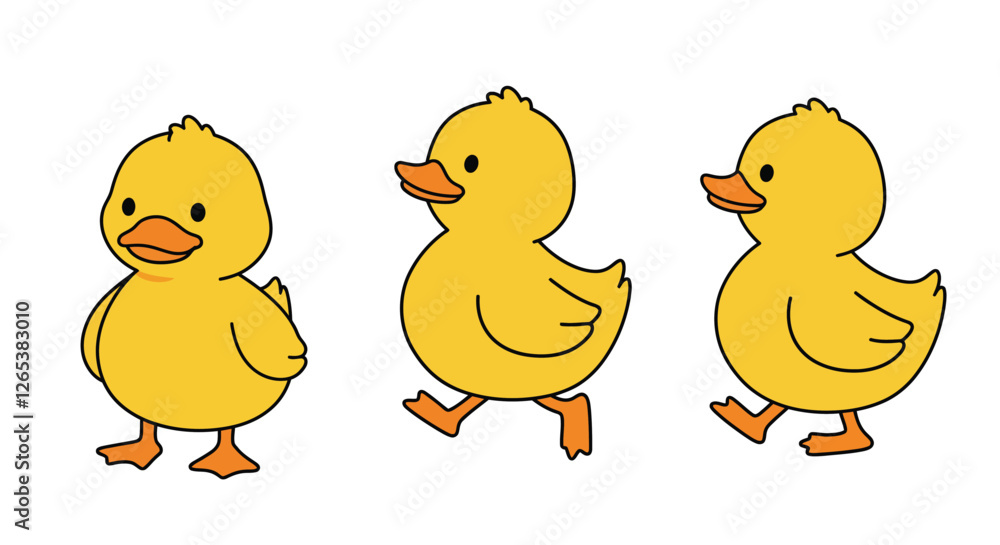 Yellow duck character in playful walking motion flat vector illustration Yellow duck character in playful walking motion flat vector illustration