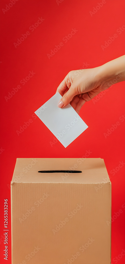 Obraz premium Hand inserting empty paper into gray ballot box. Hand placing vote into ballot box isolated on red background. Election, civic engagement or citizen voting concept. Banner with copy space.