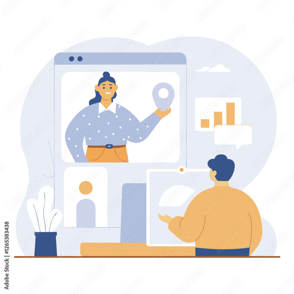 A digital illustration showcasing a business meeting between two individuals, one Asian and one Caucasian, interacting through a video call. A digital illustration showcasing a business meeting between two individuals, one Asian and one Caucasian, interacting through a video call.