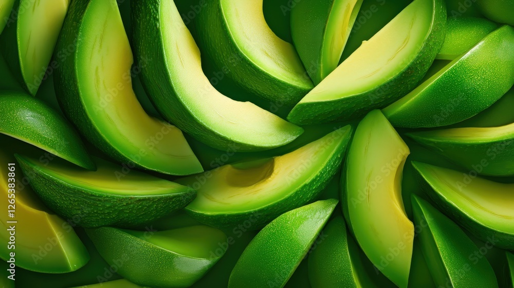 A vibrant, close-up view of fresh avocado slices arranged in an artistic pattern, showcasing their rich green hues and creamy texture, perfect for food-related content. A vibrant, close-up view of fresh avocado slices arranged in an artistic pattern, showcasing their rich green hues and creamy texture, perfect for food-related content.