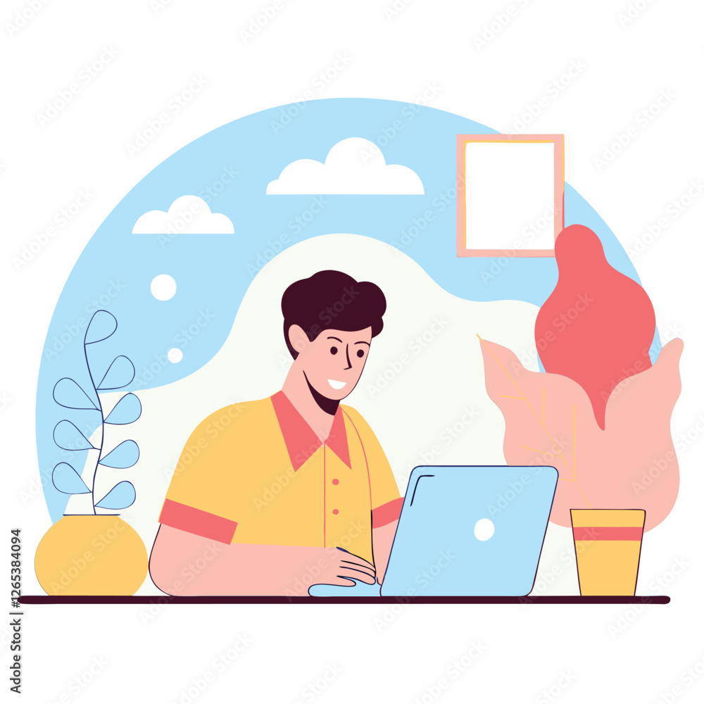 A digital illustration of a Caucasian man focused on his laptop, surrounded by plants and cozy decor, creating a warm work-from-home environment. A digital illustration of a Caucasian man focused on his laptop, surrounded by plants and cozy decor, creating a warm work-from-home environment.