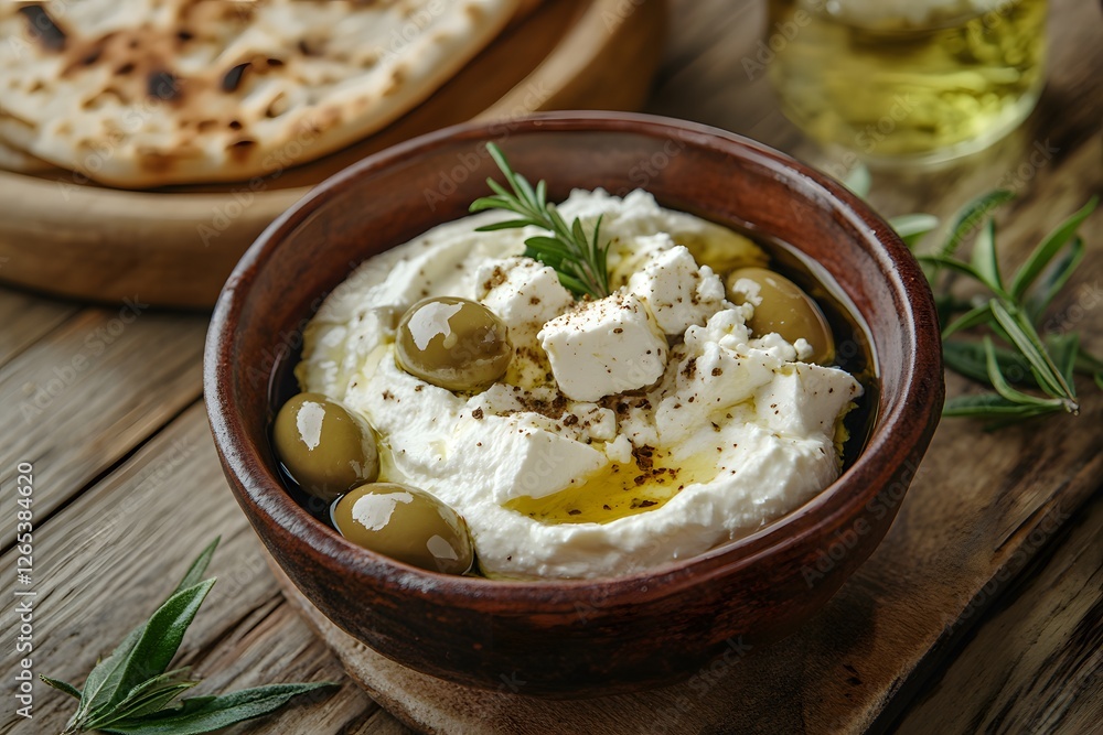 Traditional mediterranean breakfast with olives, feta cheese, and pita bread on wooden background.