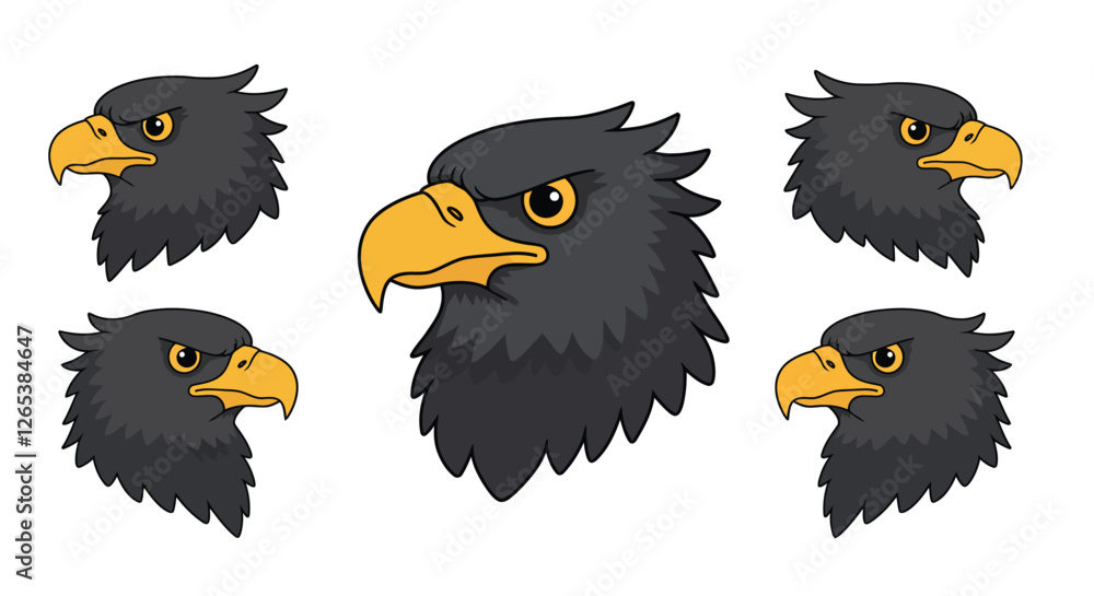 Fototapeta premium Fierce eagle head illustrations in flat style showcasing distinct expressions in vector art