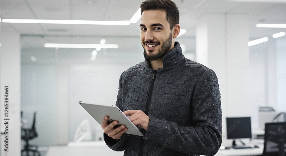 A smiling man in a textured, modern jacket uses a tablet in a bright office