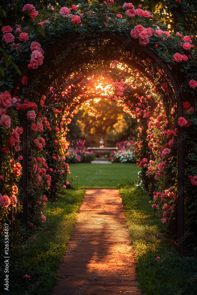 Fototapeta premium Stunning garden archway covered in climbing roses, illuminated by warm sunset light.