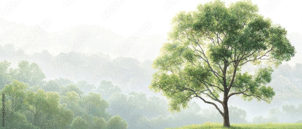 Solitary Green Tree in Misty Mountain Landscape Solitary Green Tree in Misty Mountain Landscape