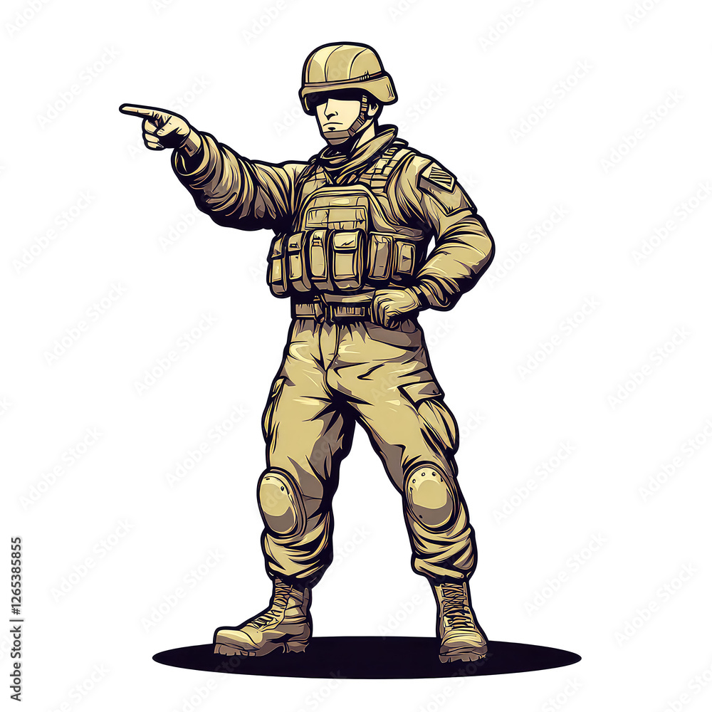Fototapeta premium Military Soldier in Combat Gear: Pointing for Command and Action