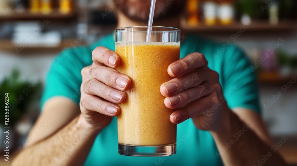 Man is holding a glass of orange juice. The glass is half full and the juice is thick and creamy. The man is smiling and he is enjoying his drink Man is holding a glass of orange juice. The glass is half full and the juice is thick and creamy. The man is smiling and he is enjoying his drink