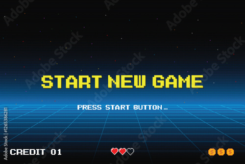 START NEW GAME. pixel art .8 bit game. retro game. for game assets .Retro Futurism Sci-Fi Background. glowing neon grid. and stars from vintage arcade computer games
