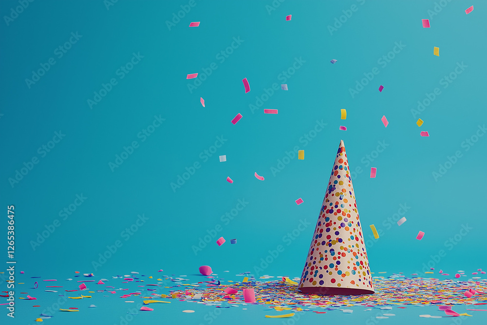 Photo of a party hat, streamers, and confetti on a blue background. Web banner with copy space on the right Photo of a party hat, streamers, and confetti on a blue background. Web banner with copy space on the right