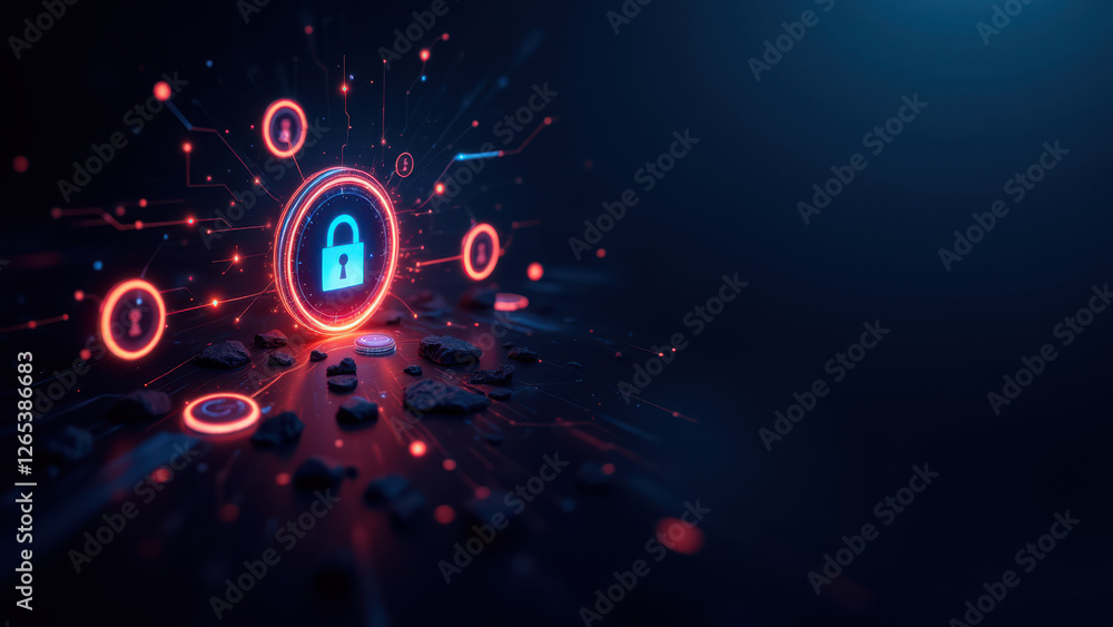Obraz premium Cybersecurity lock with digital particles glowing around it against a dark background.