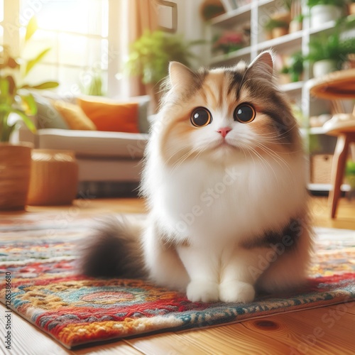 Adorable Fluffy Cat in Cozy Living Room