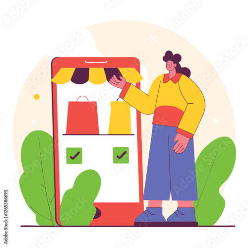 A stylized illustration showing two individuals, one Asian and one Caucasian, engaged in mobile shopping, surrounded by bags and plants.