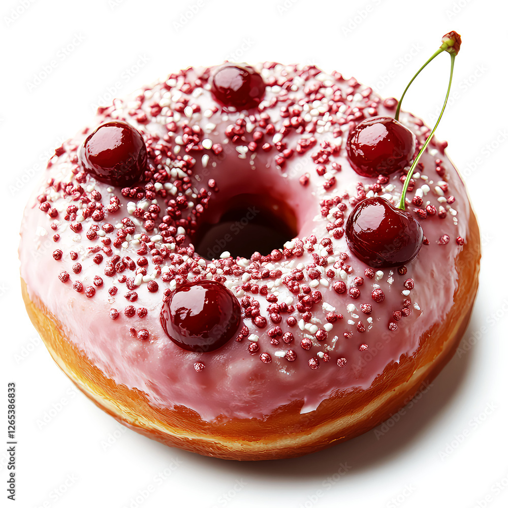 Fototapeta premium Pink Glazed Donut with Cherries and Sprinkles: A Sweet Delight