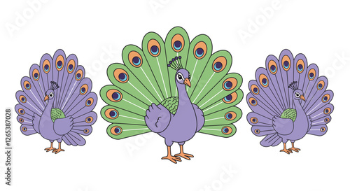 Colorful peacock displaying feathers in flat style vector illustration