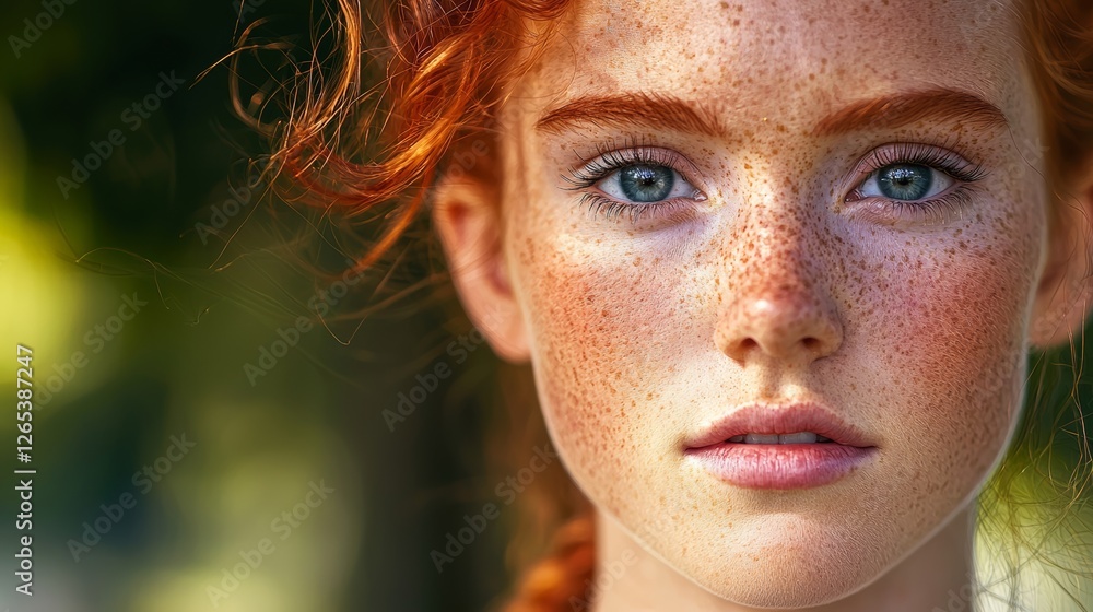 Woman with red hair and freckles stands in front of a green background. She has a bright smile and her eyes are wide open Woman with red hair and freckles stands in front of a green background. She has a bright smile and her eyes are wide open