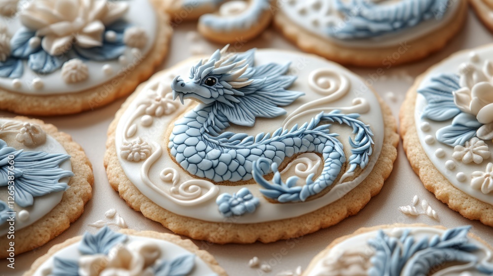 Fototapeta premium Beautifully decorated cookies feature a dragon design and floral elements