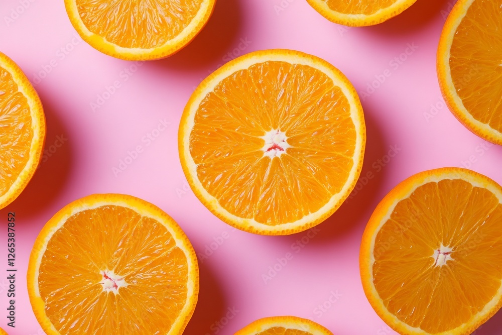Freshly sliced oranges arranged on a pink background, vibrant and colorful Freshly sliced oranges arranged on a pink background, vibrant and colorful