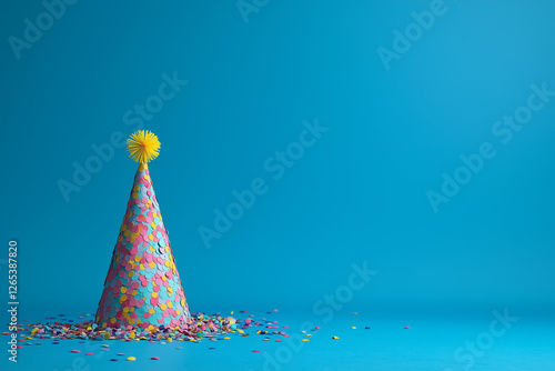 Photo of a party hat, streamers, and confetti on a blue background. Web banner with copy space on the right photo