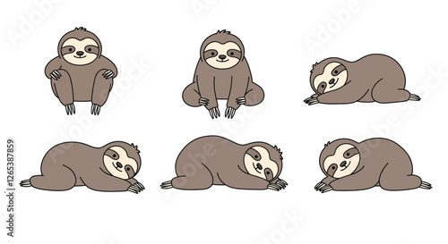 Cute sloth character transitions in flat vector art style with playful expressions and poses
