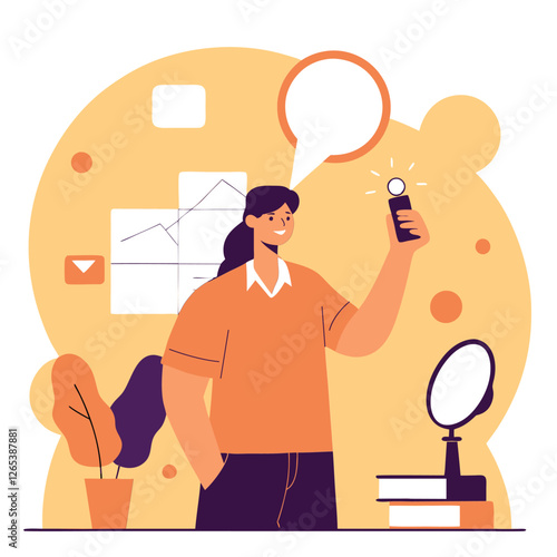 A flat vector illustration showing a young European woman holding a smartphone, surrounded by plants and modern decor elements in a stylish, cartoon style.