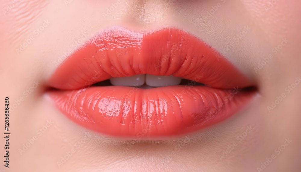 Obraz premium Close-Up of Glossy Coral Lip Color with Soft Skin Texture