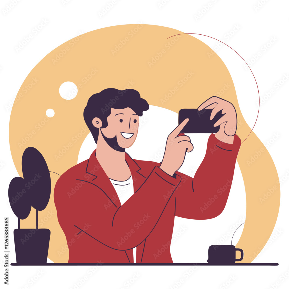 Fototapeta premium A smiling European man takes a selfie with his smartphone while sitting in a cozy setting surrounded by plants. Illustration in a modern style.