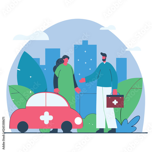 An illustration depicting diverse individuals, including an African and a European person, engaged in health care discussions around a car and greenery.