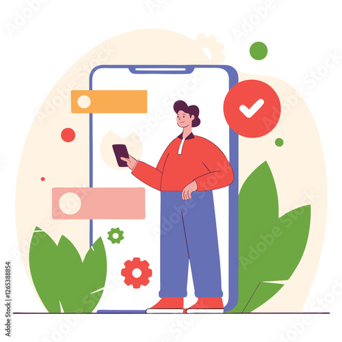 A digital illustration featuring a person interacting with a mobile app, surrounded by colorful plants and interface elements. The style is modern and playful.