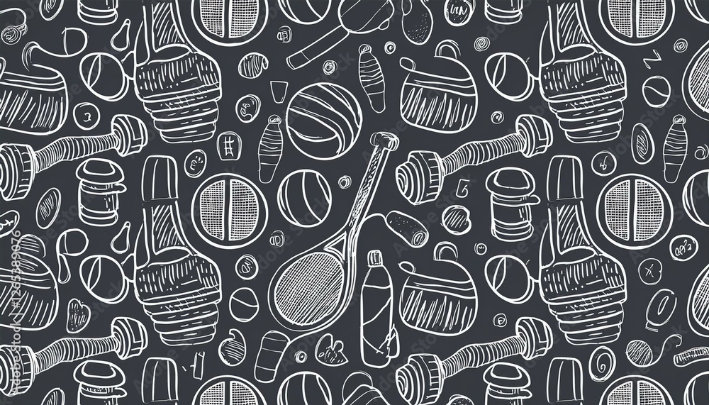 Fototapeta premium Doodle gym sketch health seamless pattern background. Hand drawn sketch doodle healthy sport.