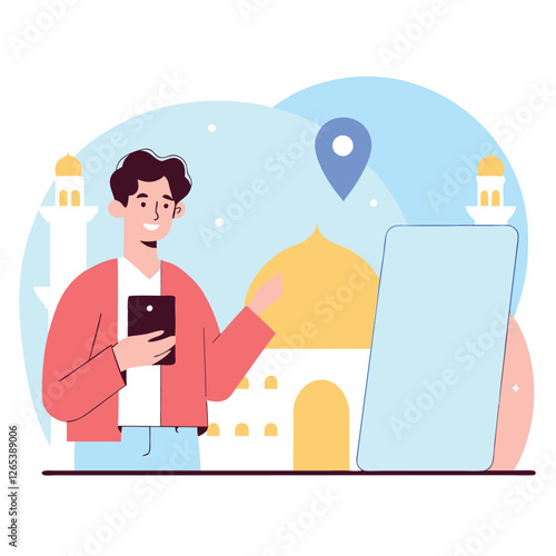 A person of Asian descent interacts with a smartphone while standing in front of a city landmark, showcasing technology and urban life.
