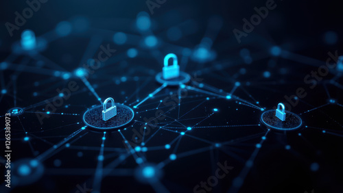 A dynamic digital illustration representing network security with interconnected nodes and encryption keys.