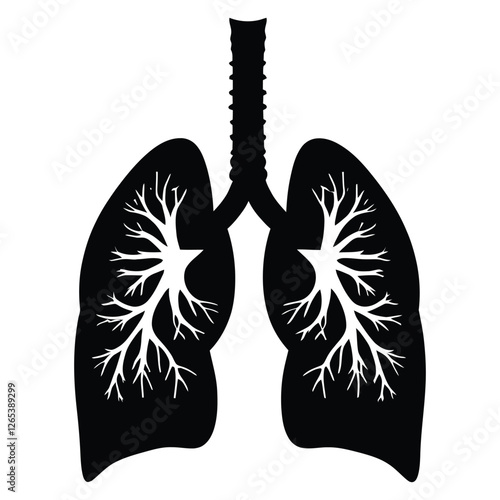 A high-contrast, black and white graphic illustration of a human lung.