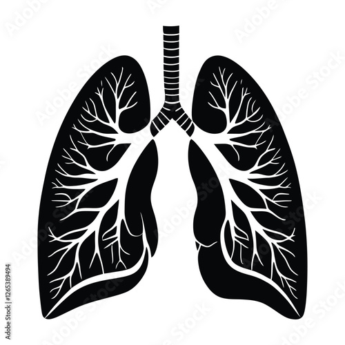 A high-contrast, black and white graphic illustration of a human lung.