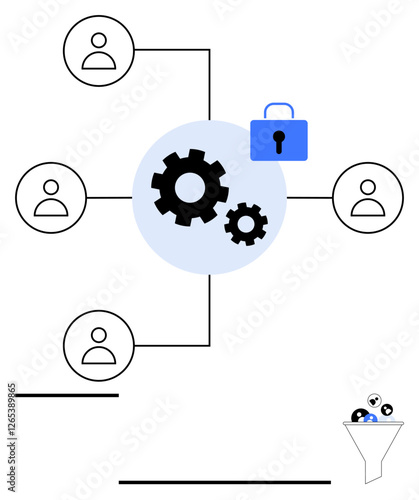 Connected user icons linking to central gears reflecting teamwork, security lock for data protection, and funnel for streamlined workflows. Ideal for collaboration, automation, security, workflows