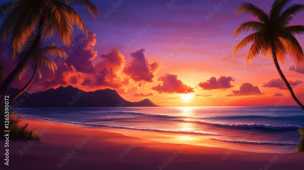 A breathtaking sunset over a tranquil beach with silhouettes of palm trees, reflecting vibrant colors on the water. A serene escape for nature lovers and travelers. A breathtaking sunset over a tranquil beach with silhouettes of palm trees, reflecting vibrant colors on the water. A serene escape for nature lovers and travelers.